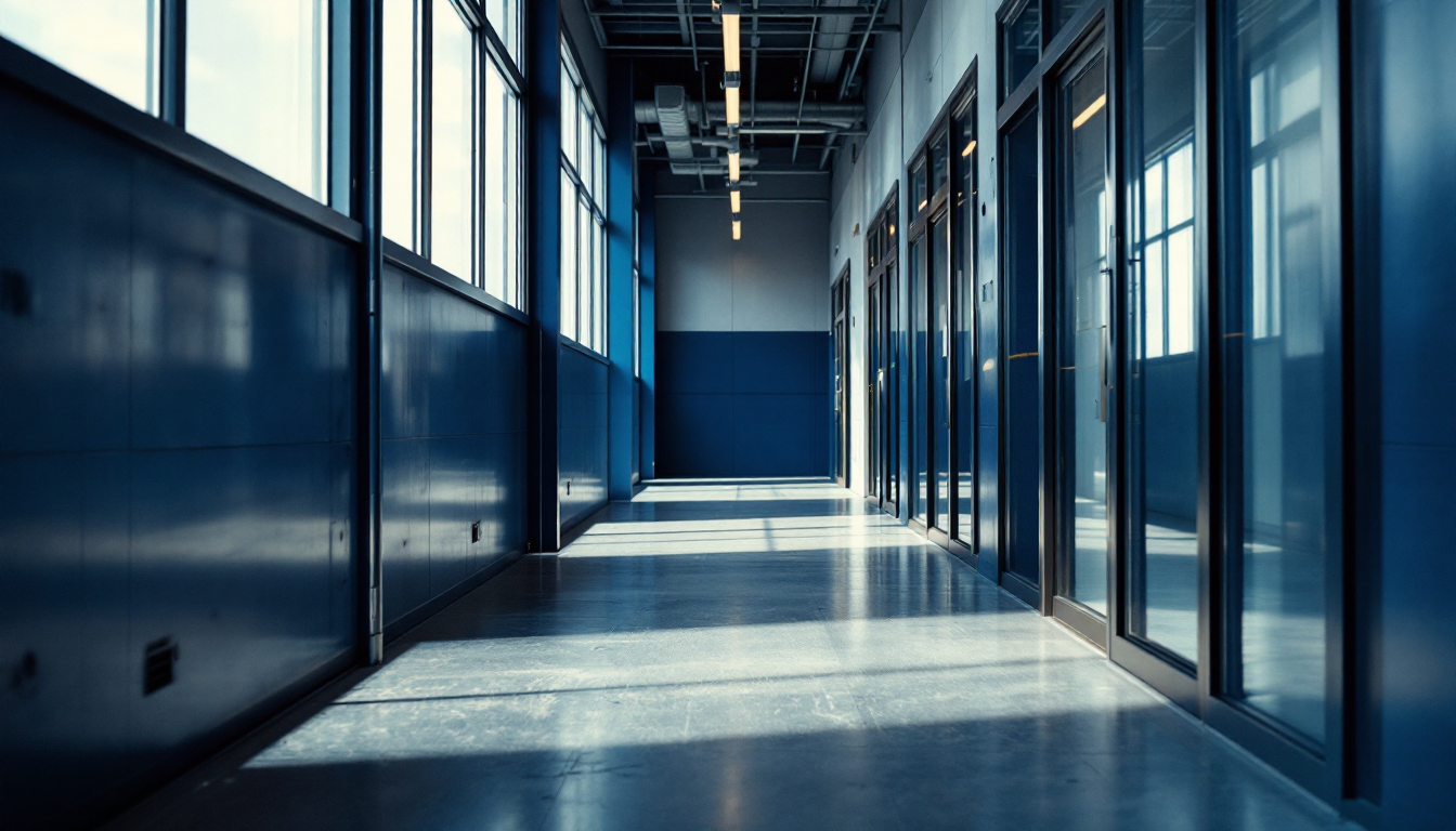 Light moving through a quiet, modern office corridor