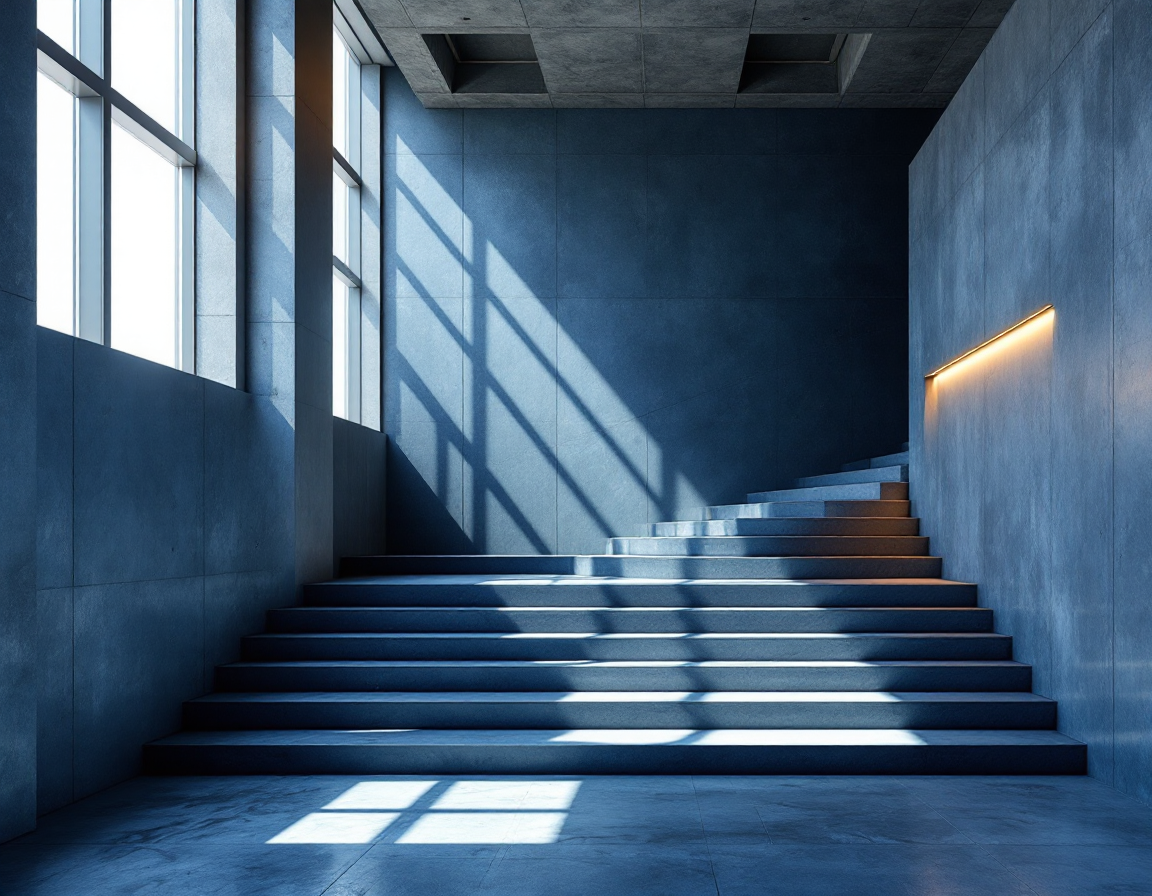 Sunlight tracing the lines of a modern concrete stairwell